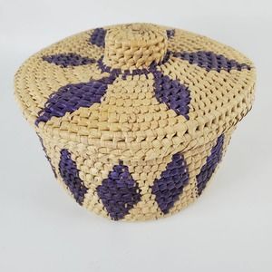 Hand Woven Grass Basket w/ Lid Purple Diamonds Coiled Weave African Style 7x5.5